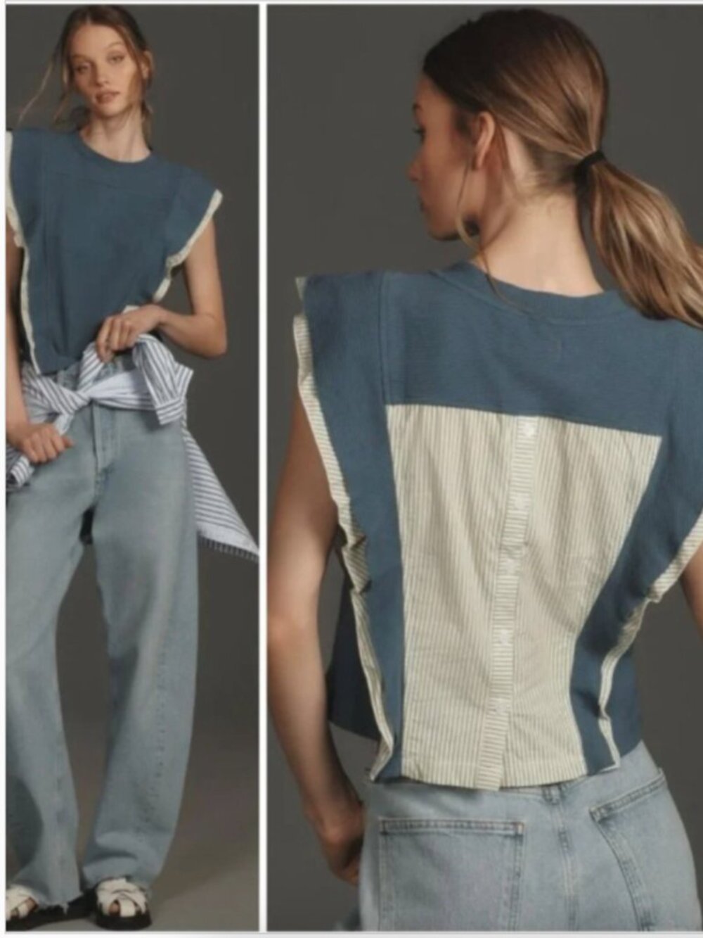 Anthropologie Mixed Media Ruffle Ribbed Striped Button Back Top Blue